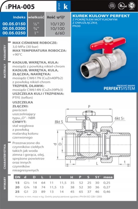 Zawór kulowy Perfekt 3/4'' Półśrubunek motylek PHA-005 Perfexim